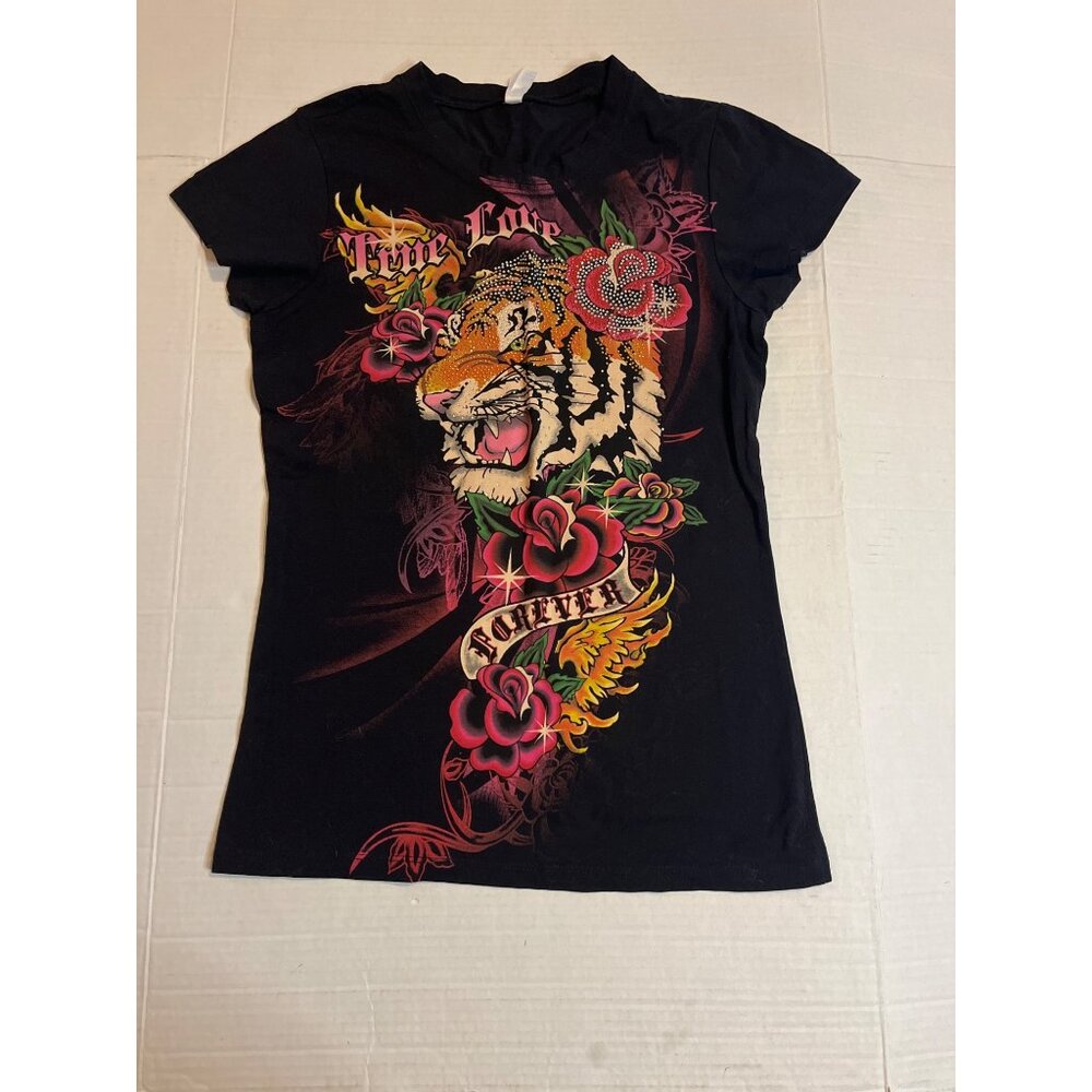 Hellowin Womens Graphic Tee With Rhinestone Tiger Design floral Black L T-shirt.